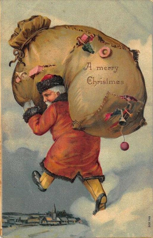 A Merry Christmas Red Robed Santa Claus 2 Giant Bag Toys 41921 Embossed Postcard