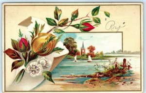 c1890s Church Lake Sailboat Victorian Trade Card Stock Rose Floral Embossed C20