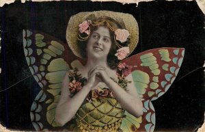 Postcard 1910 Edwardian Woman As Butterfly Prayer Hands Gel Independence Cancel  