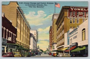 Orlando FL~Orange Central Ave Corner~USA Flag~Butlers Sign~Cars~Linen 1948 PC