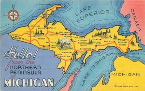 Postcard 1940s Map Attractions Michigan Olson Teich linen 23-13005