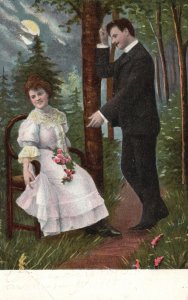 Vintage Postcard Lovers Couple Into The Woods Dating Romance Moonlight