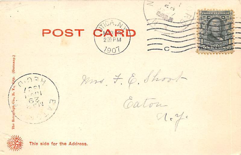 Erie Canal Utica, New York, USA 1907 writing on front, postal marking on front