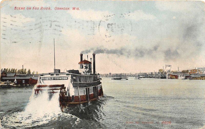 F50/ Oshkosh Wisconsin Postcard 1908 Fox River Thistle Sternwheeler