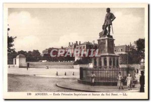 Old Postcard Angers Primary School Superior and Statue of King Rene