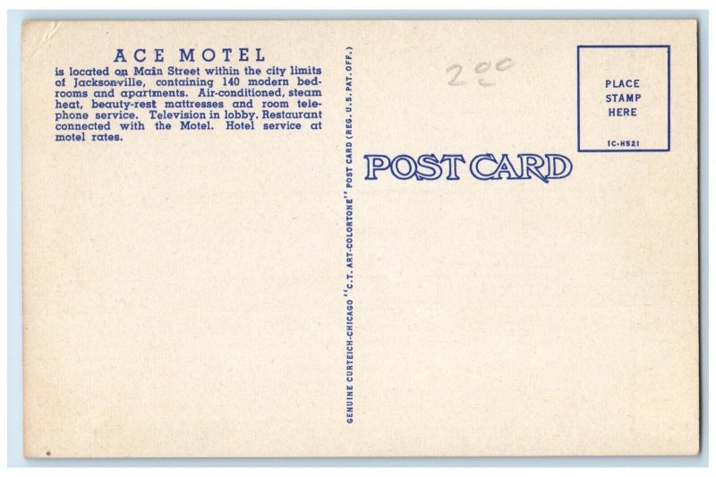 c1940 Exterior View Ace Motel South Largest Motel Jacksonville Florida Postcard 