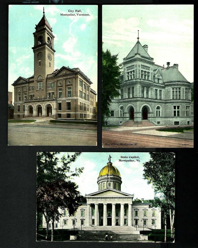 AU116 Montpeller, Vt.  3 Pcs. Vintage State Capitol - City Hall - Post Office