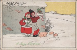 Postcard A Happy Christmas Pigs Running in Snow People Carrying Presents