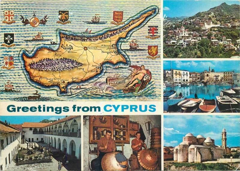 Postcard Cyprus multi view map island marmaid boat port church workers handmade