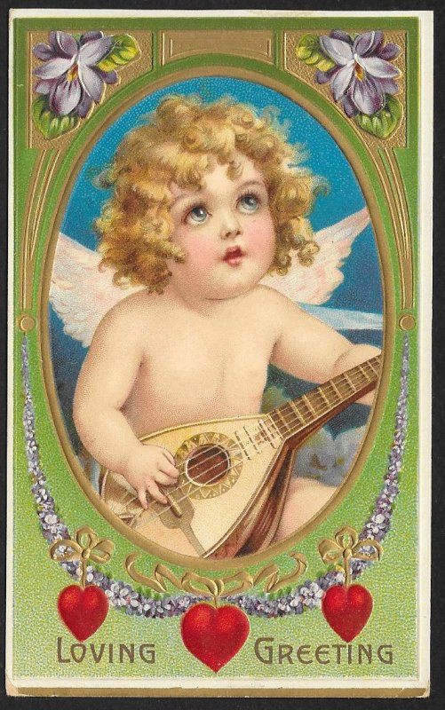 Loving Greeting Cupid Playing the Mandolin Hearts & Flowers Used 1909