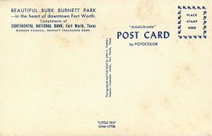 Burk Burnett Park, Fort Worth TX  Continental National Bank Advertising Postcard