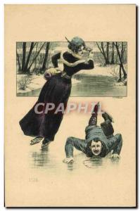 Old Postcard Skating Skates has ice Woman