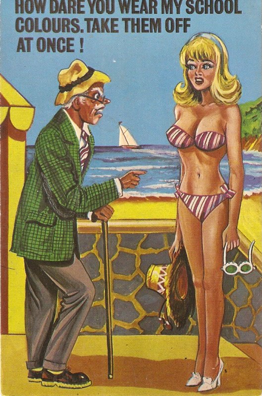 At the seaside. How dare you wear my school... Humorous Eglish PC 1950s