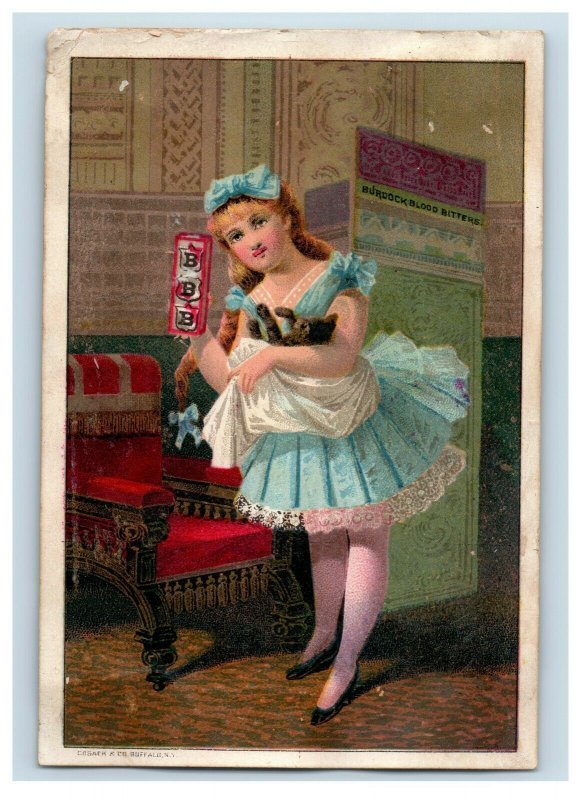1870s-80s Burdock Blood Bitters Girl Holding Box & Kitten Cat Trade Card F20 