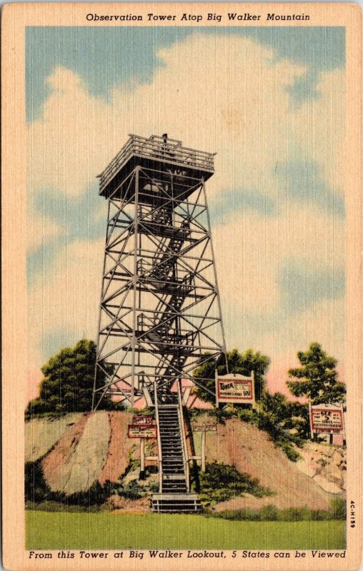 Observation Tower Atop Big Walker Mountain Linen Postcard UNP VTG Curteich 