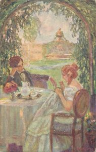 Romantic couple love idyll painting A. Wierer moments de bavardage