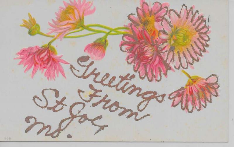 St Joseph Missouri Greetings From pink flowers glitter antique pc Z16551