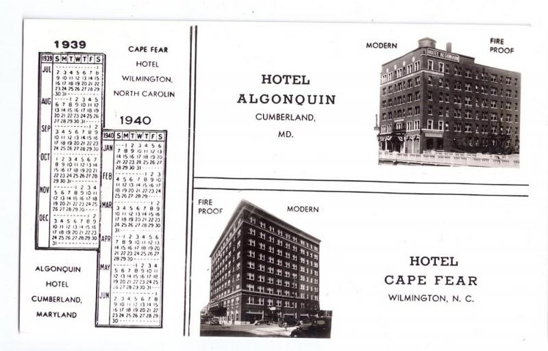 Hotels Algonquin Cumberland MD Cape Fear Wilmington NC 1940