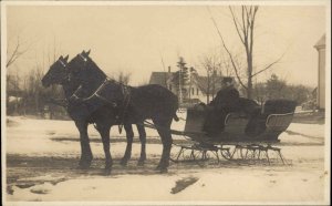Horse Team Sleigh in Winter West Rockport on Back Real Photo Postcard