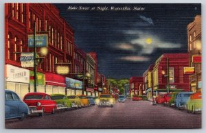 Main Street At Night View 1940s Cars Downtown Waterville ME C1940s Postcard Y1