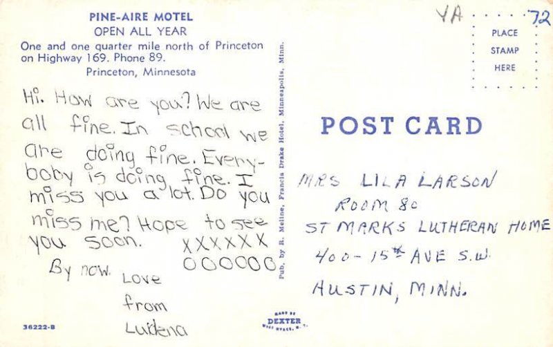 Pine Aire Motel Pine Aire Motel  - Princeton, Minnesota MN Postcard