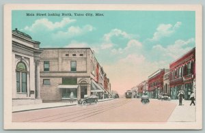 Yazoo City Mississippi~Main Street Bank~Trolley Passes Vintage Cars~c1916 PC 