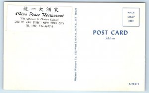 NEW YORK, NY ~Interior CHINA PEACE RESTAURANT West 44th Street 1960-70s Postcard