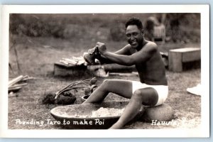 Hauula Hawaii HI Postcard RPPC Photo Man Rounding Taro To Make Poi c1930's