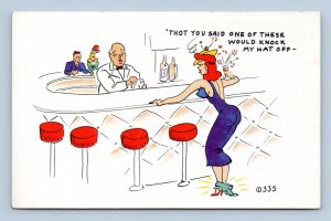 Comic Risqué Bartender Doesn't Knock Drunk Lady's Hat Off UNP Chrome Postcard Q9