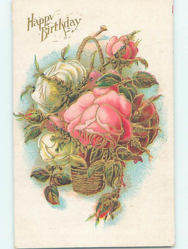 Pre-Linen art nouveau BEAUTIFUL PINK AND WHITE ROSE FLOWERS HJ3642