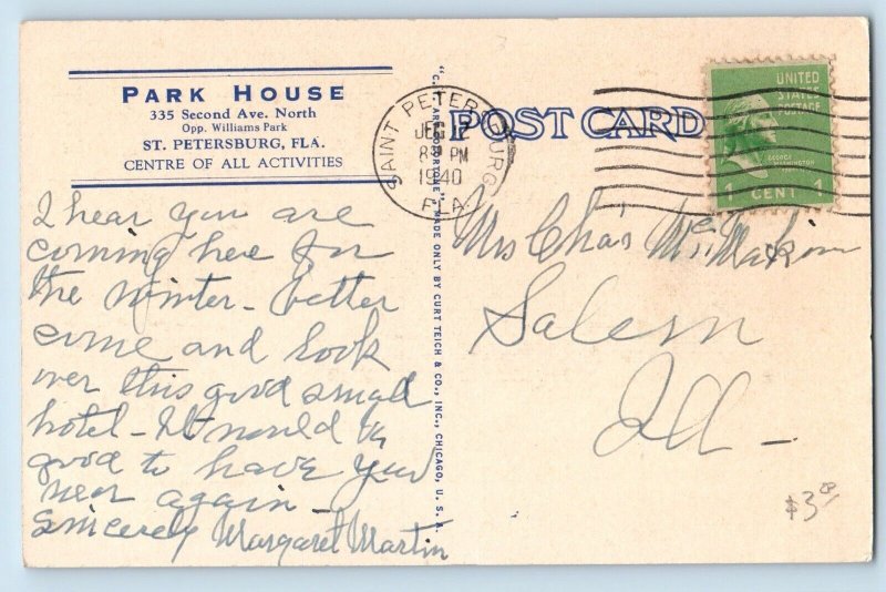 St Petersburg Florida Postcard Park House Building Exterior Trees 1940 Vintage