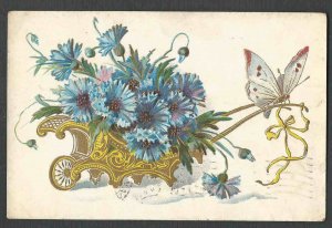 DATE 1906 PPC* VINTAGE FLOWERS IN CART PULLED BY BUTTERFLY COLORFUL EMBOSSED