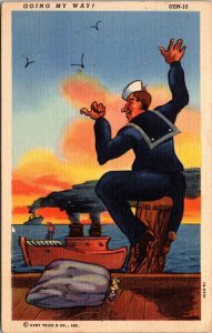 Going My Way Hitchhiking Sailor Postcard WWII Soldiers Mail SR Brown 1943