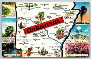 State Maps~6 Labeled Views of Arkansas & State Map~Vintage Postcard