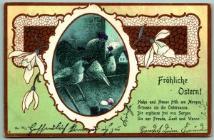 Froliche Ostern German Poem Hen and Rooster Art Nouveau 1905 UDB Postcard G12