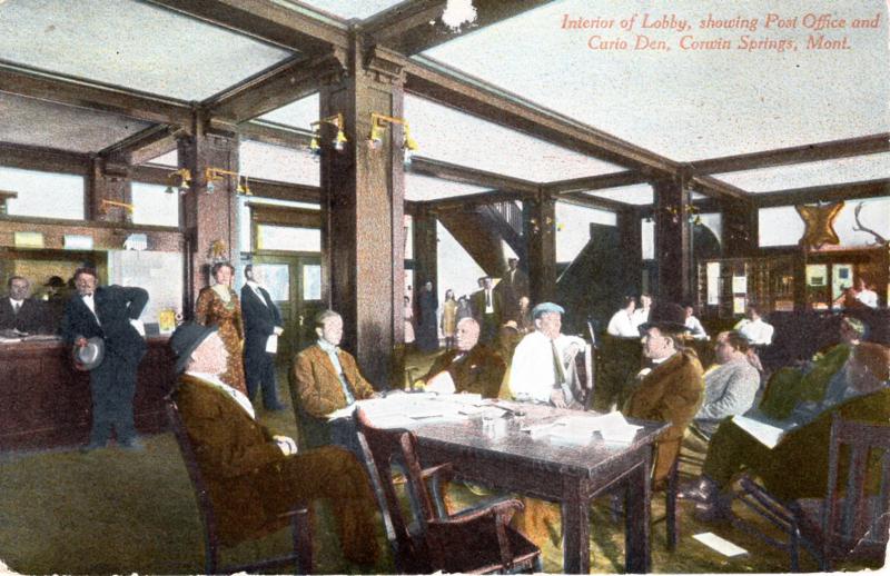 INTERIOR OF LOBBY, SHOWING POST OFFICE AND CURIO DEN, CORWIN SPRINGS, MONTANA.