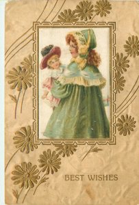 Embossed Postcard 1097 Brundage Best Wishes Girl in Green w/ Doll on Silk Inset