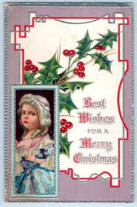 Christmas Pretty Child Girl And Holly Berries Embossed Philadelphia PA Postcard