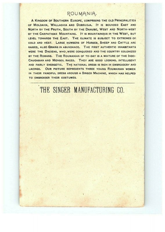 1892 Singer Manufacturing Co Trade Roumania Sewing Card Victorian South Europe 