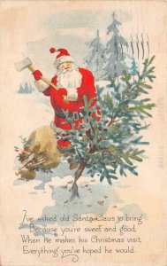 CHRISTMAS HOLIDAY SANTA CLAUS WITH AXE POSTCARD 1924