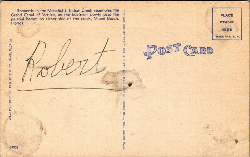 Vtg 1940s Winding Indian Creek Cigar Boats Miami Beach Florida FL Linen Postcard