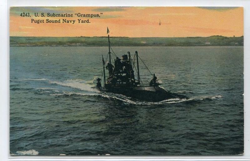 USS Grampus Submarine Boat Puget Sound US Navy Yard Washington 1910c postcard