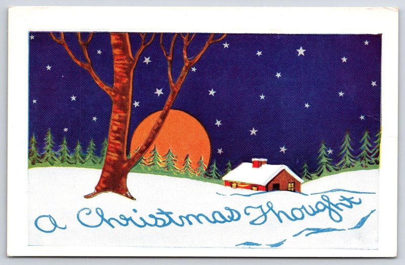 A Christmas Stars Moon Tree House Pine Trees Holiday Greetings & Wishes Postcard