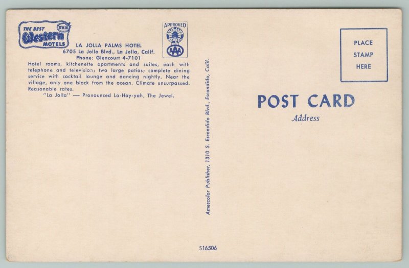 La Jolla California~Palms Hotel~Standard Chrome Postcard