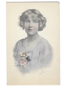 Beautiful Woman with Roses Soft Tint Colors Schlesinger Bros NY