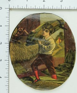 1870's-80's Corn Victorian Tin Can Label Scrap, Boy With Giant Ears of Corn #H