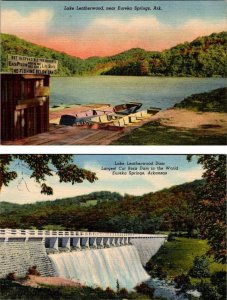 2~Linen Postcards Eureka Springs, AR Arkansas LAKE LEATHERWOOD Boat Dock & Dam