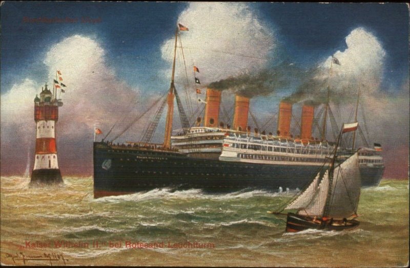 Nordd Lloyd Bremen Steamship Kaiser Wilhelm II Roteseand Lighthouse PC