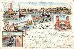 Nord Ostsee Kanal Germany Lighthouse Bridge Harbor Gruss aus Postcard J61393