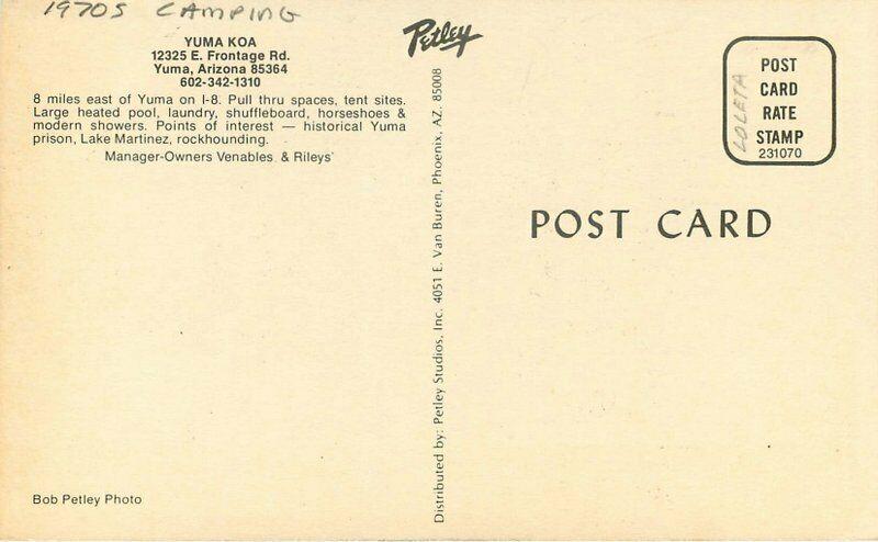 Camping Yuma Arizona KOA Postcard pool roadside Petley 5800